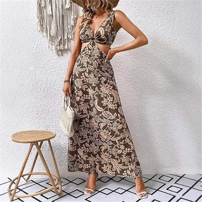 Women's Handmade Printed Waist-controlled Strap Vest Long Dress