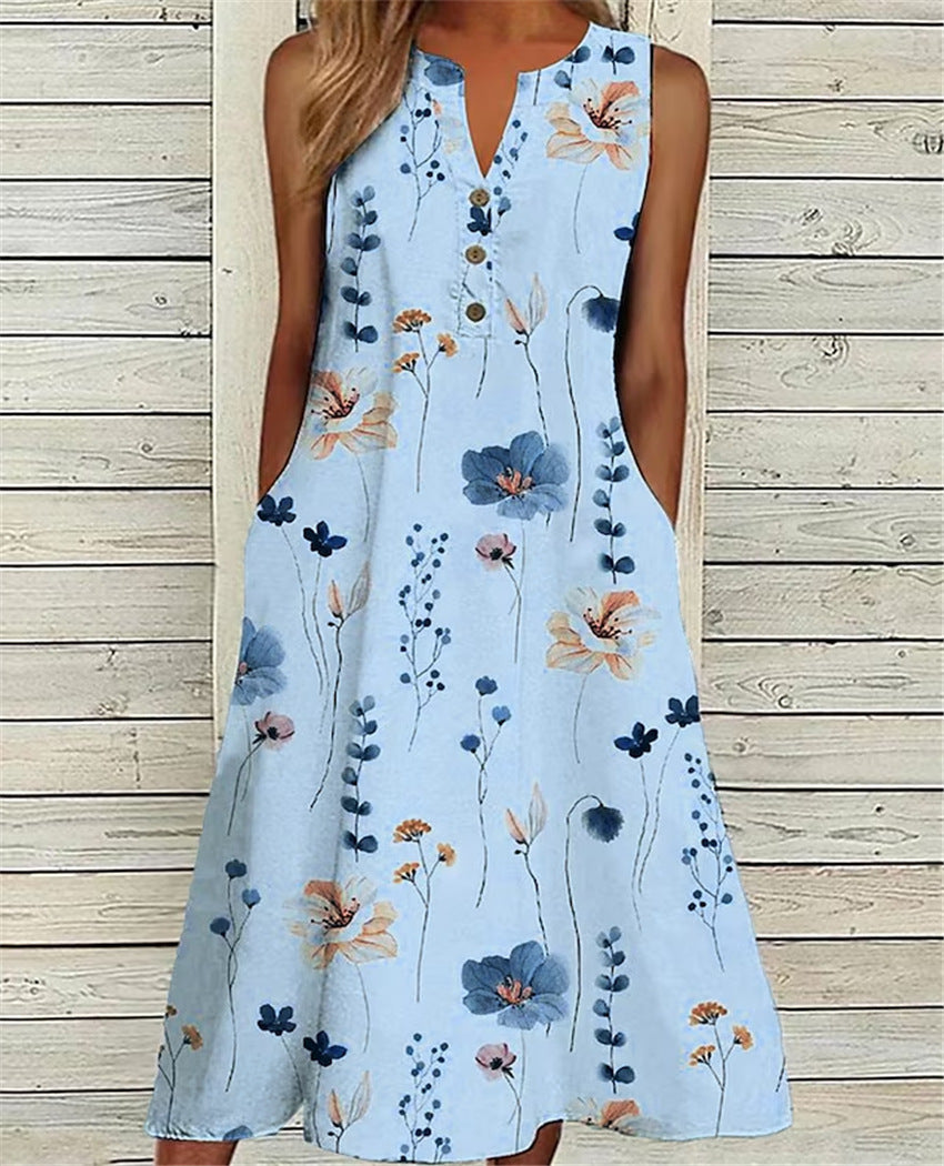 Summer V-neck Casual Printed Long A- Line Skirt