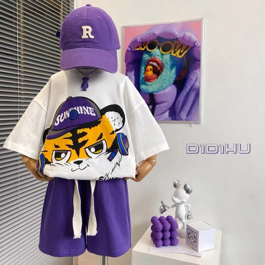 Cartoon Printed Teenager's Suit Top T-shirt And Pants Suit