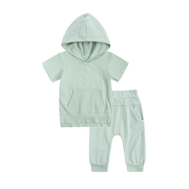 Boys And Girls Fashion Short-sleeved Hooded Tops Casual Pants Set