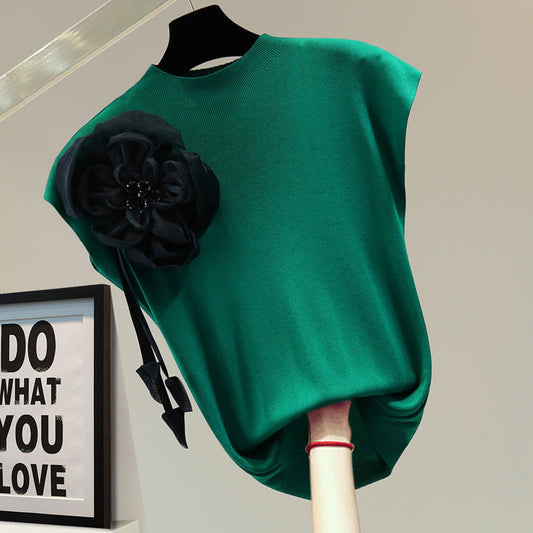Exquisite Flowers Beaded Sleeveless T-shirt