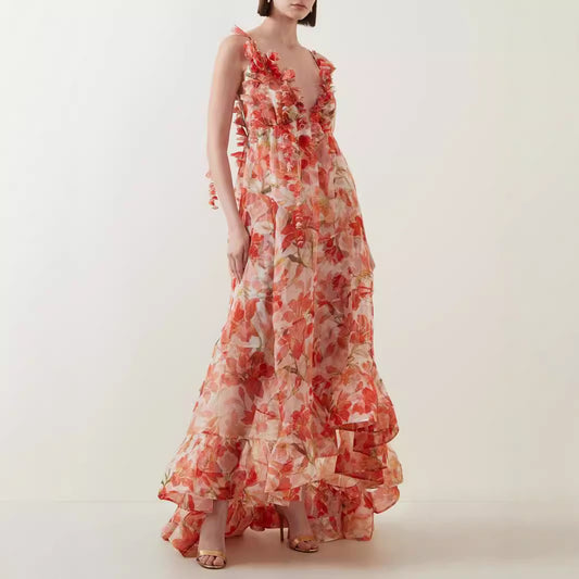 Off-the-shoulder V-neck Women's Clothing Spaghetti-strap Floral Print Long Large Hem Dress