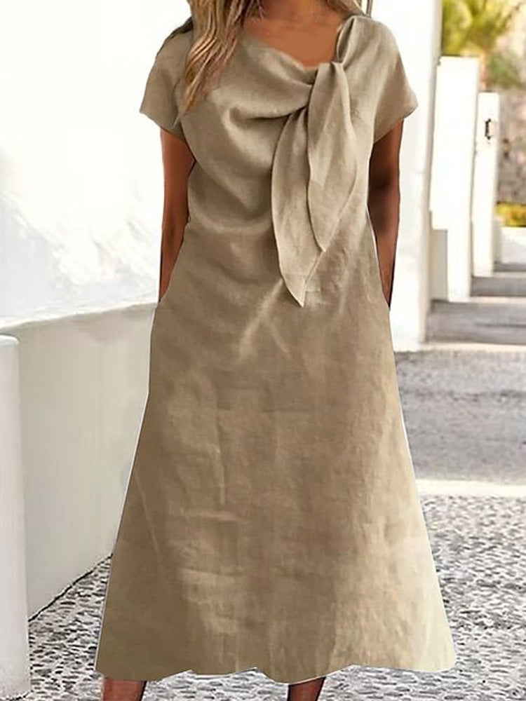 Women's Round Neck Short Sleeve Pocket Cotton And Linen Dress