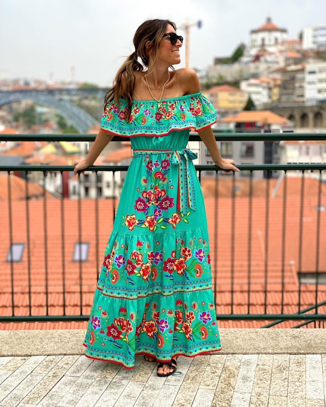 Women's Fashion Off-shoulder Red Flower Print Dress