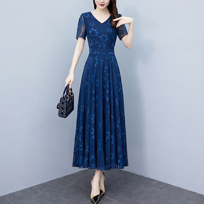 Plus Size Blouse For Middle-aged Women Waist-tight Temperament High-grade Sense V-neck Dress