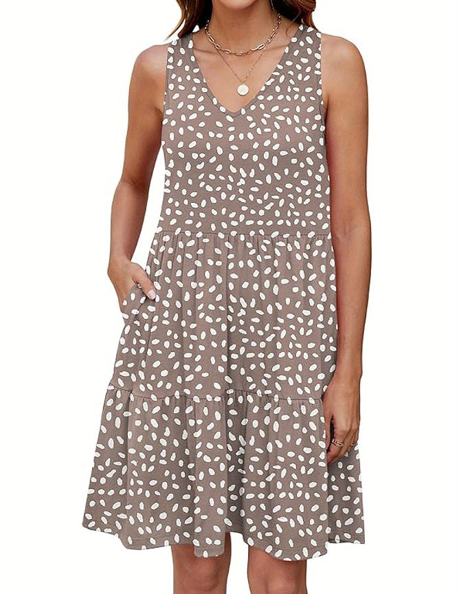 Casual V-neck Layered Pleated Sleeveless Vest Dress