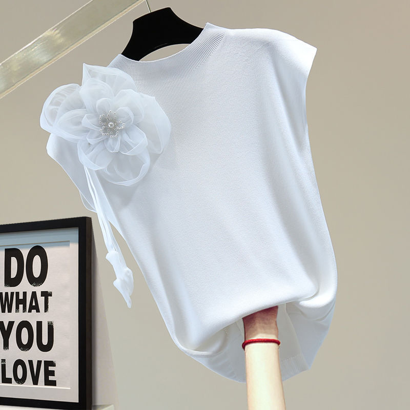 Exquisite Flowers Beaded Sleeveless T-shirt