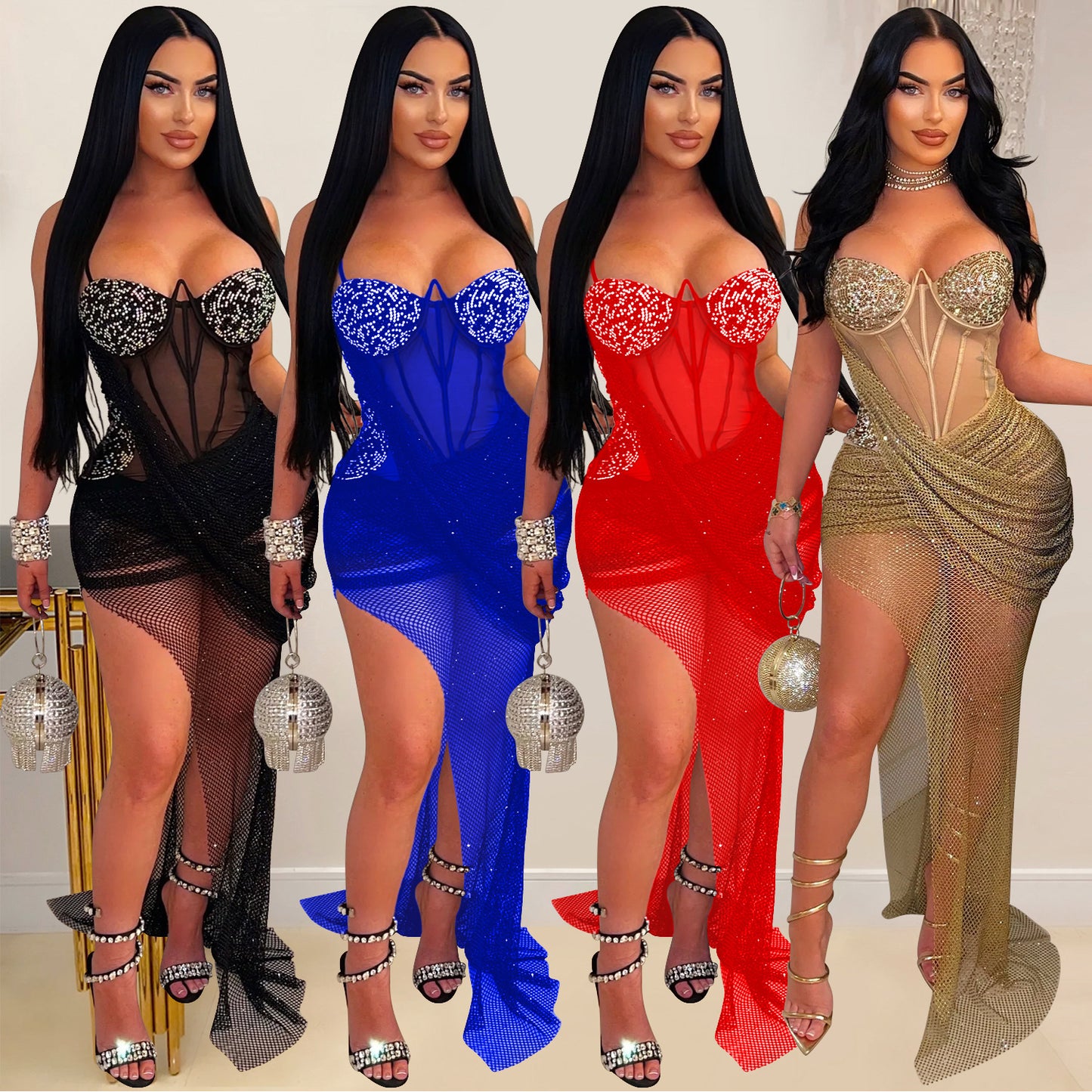 Women's Wear Sexy Mesh Rhinestone Sling Dress