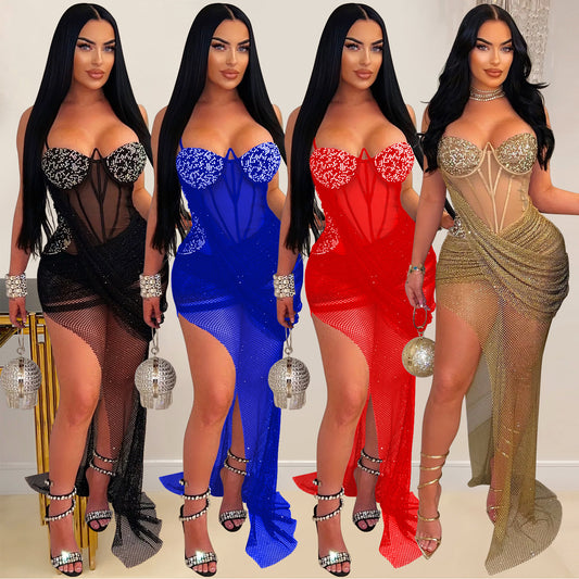 Women's Wear Sexy Mesh Rhinestone Sling Dress