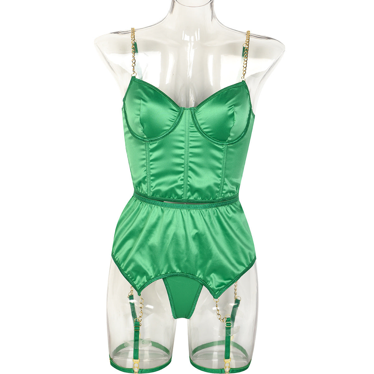 Green Satin High-end Lingerie Three-piece Set Women's Chain