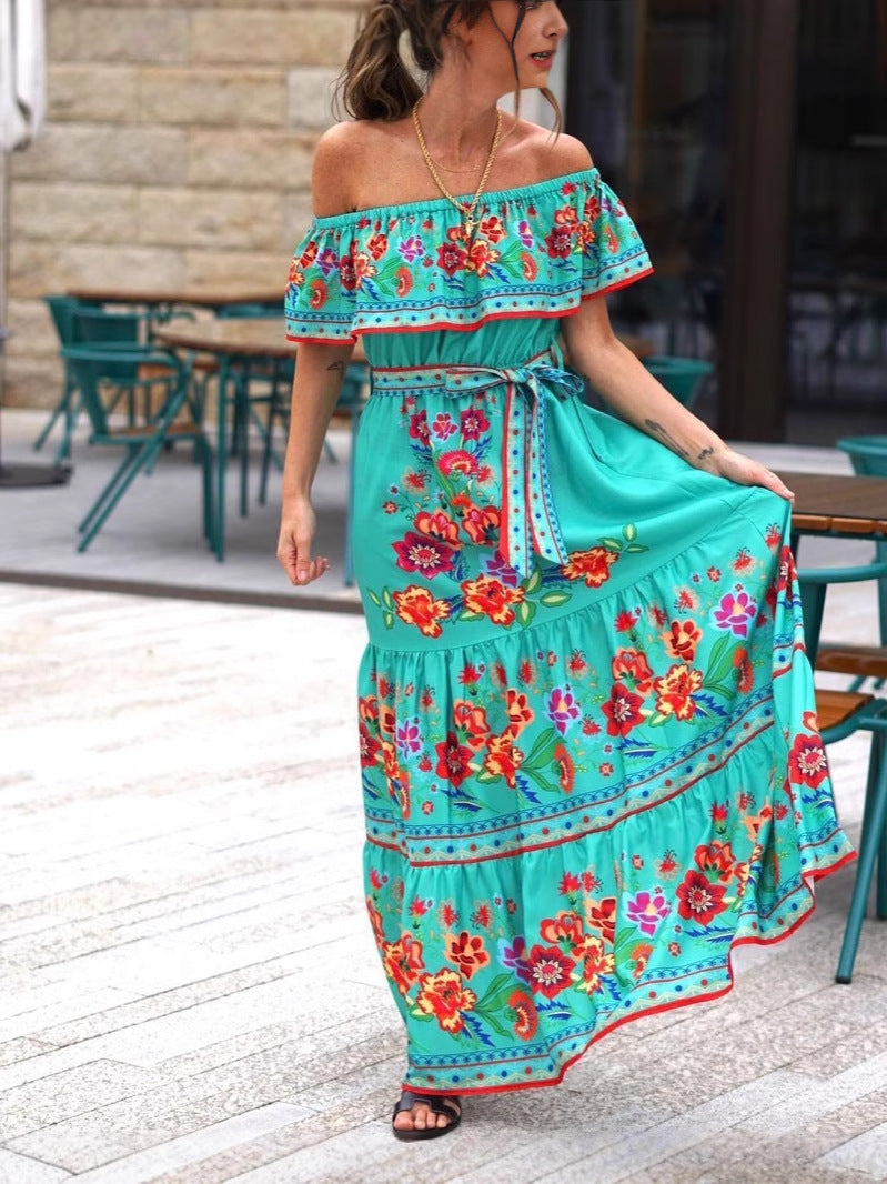 Women's Fashion Off-shoulder Red Flower Print Dress
