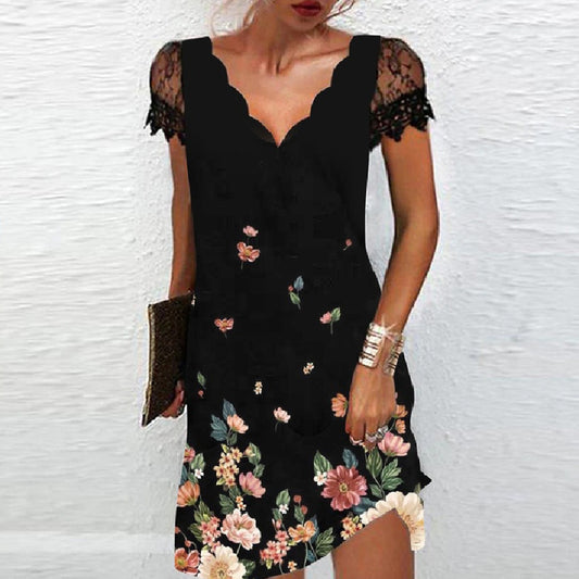 Women's Fashion Lace V-neck Short Sleeve Dress
