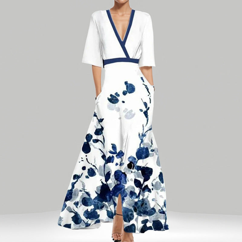 Tight Waist Slim Print V-neck Long-sleeve Dress