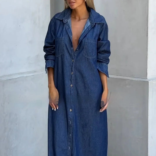 Women's Lapel Cardigan Long Sleeve Denim Long Skirts