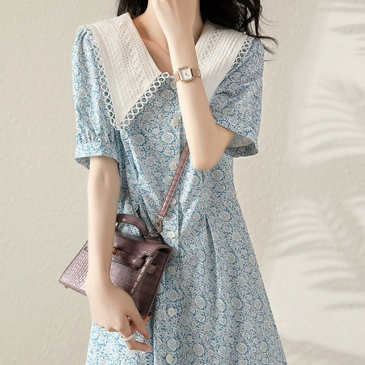 Summer New Fashion Temperament Waist-controlled Slimming Lapel Puff Sleeve Dress