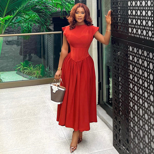 Round Neck Waist Cinched High Waist Fishbone A-line Skirt