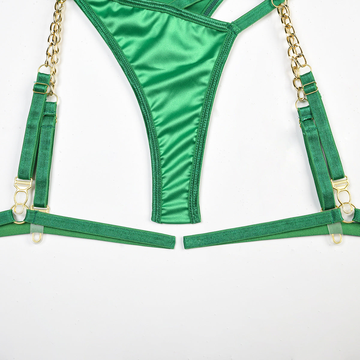 Green Satin High-end Lingerie Three-piece Set Women's Chain