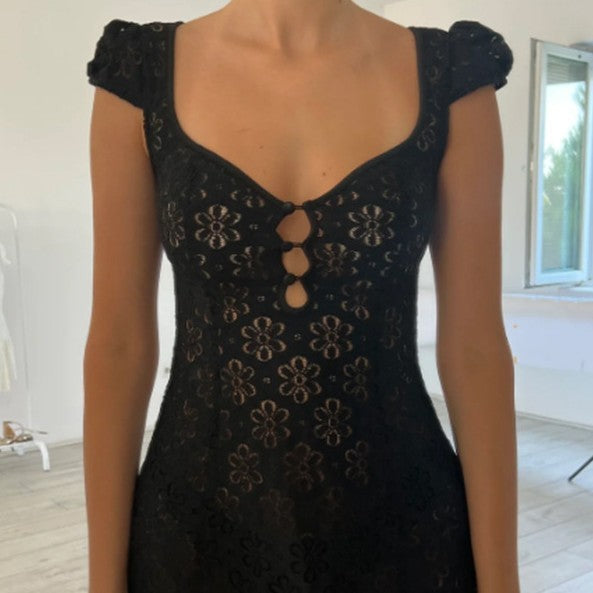 V-neck Short Sleeve Hollow-out Short Dress