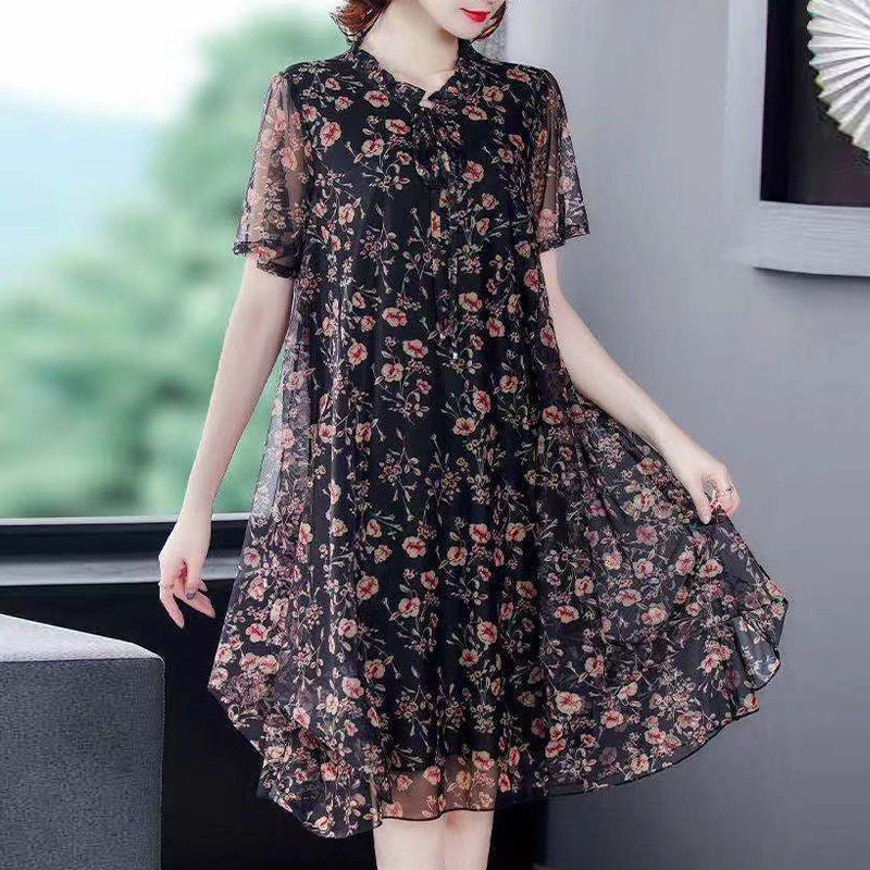 Small Floral Chiffon Mesh Western Style Mid-length Dress With Lining