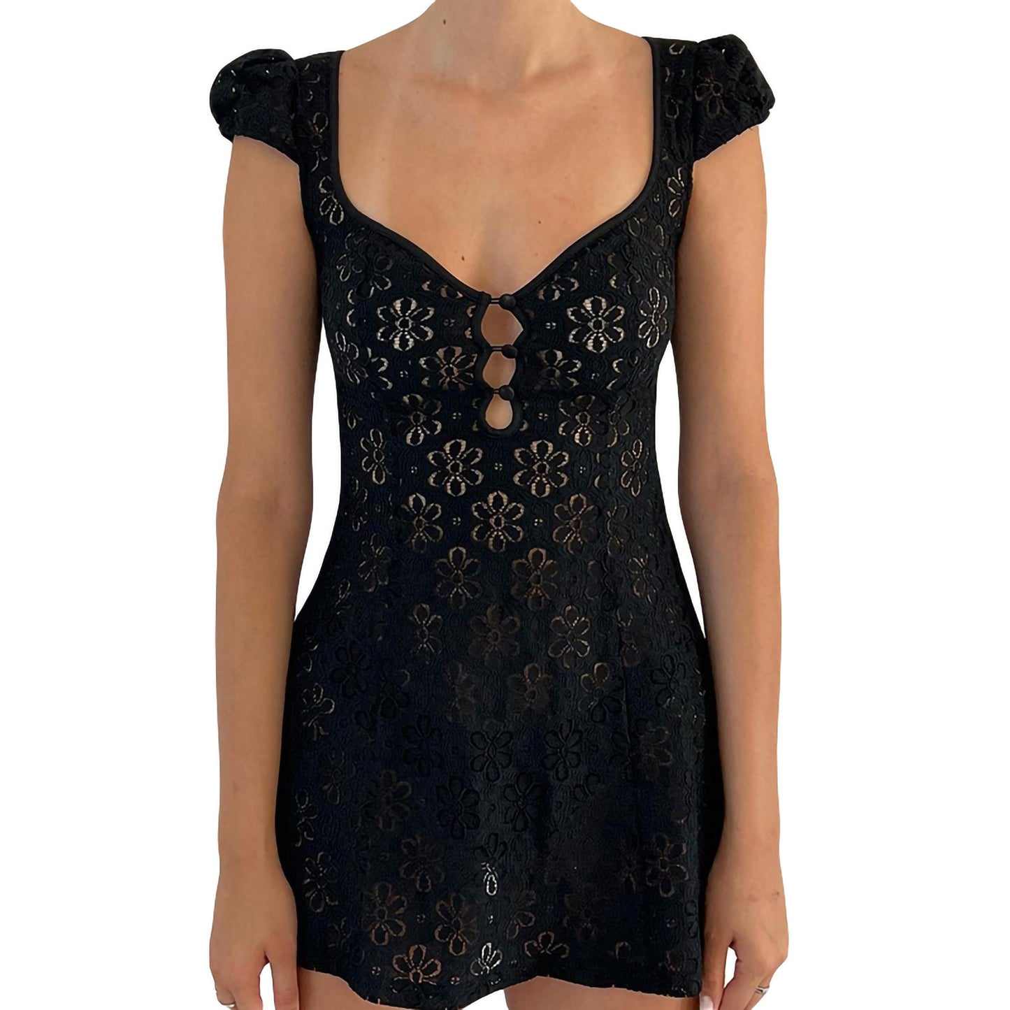 V-neck Short Sleeve Hollow-out Short Dress