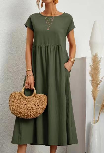 Solid Color Short Sleeved Loose Cotton And Linen Dress With Pockets