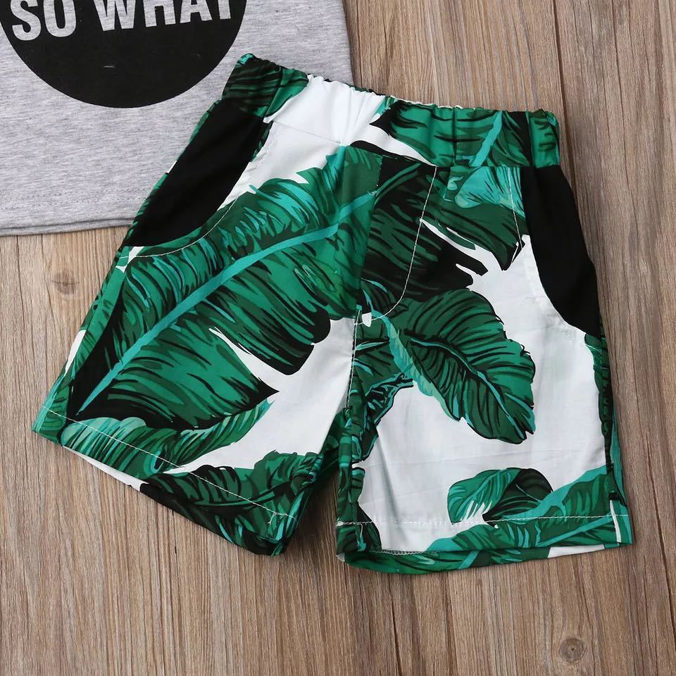 Gray Letters Vest Green Leaf Shorts Suit