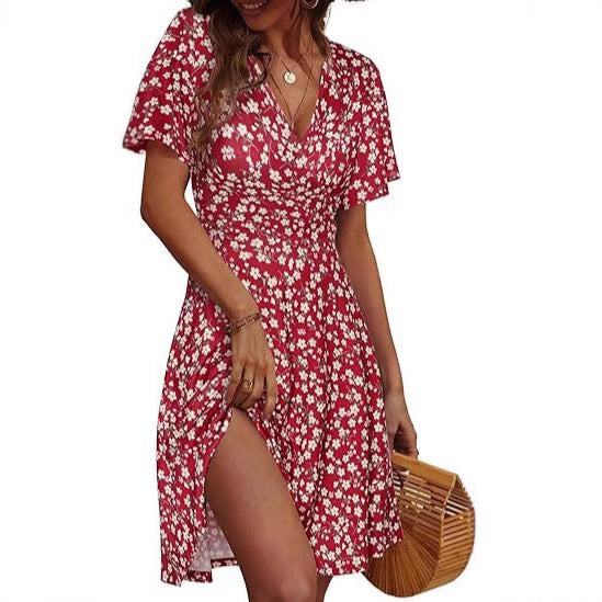 V-neck A Line Mid-length Dress Printing