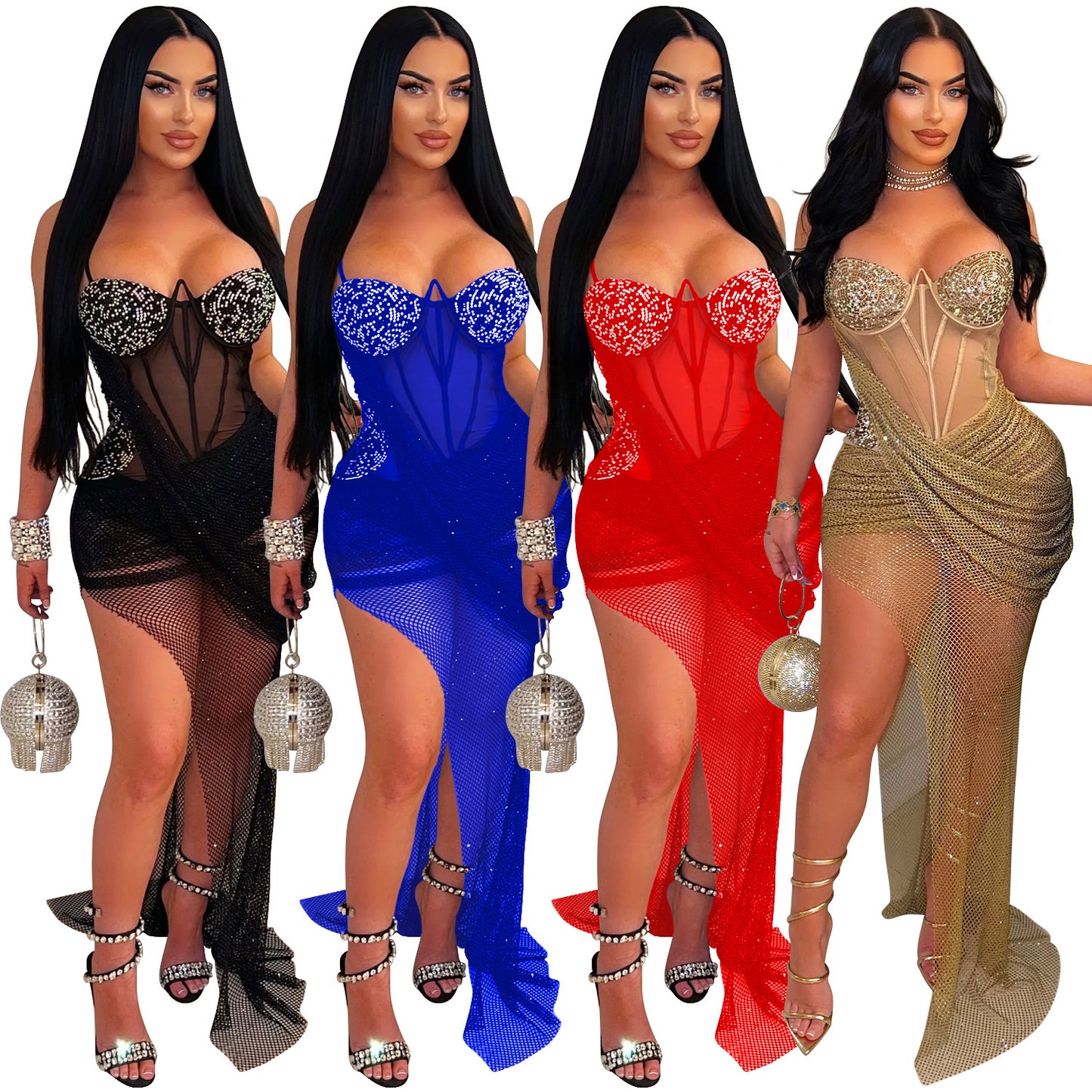 Women's Wear Sexy Mesh Rhinestone Sling Dress