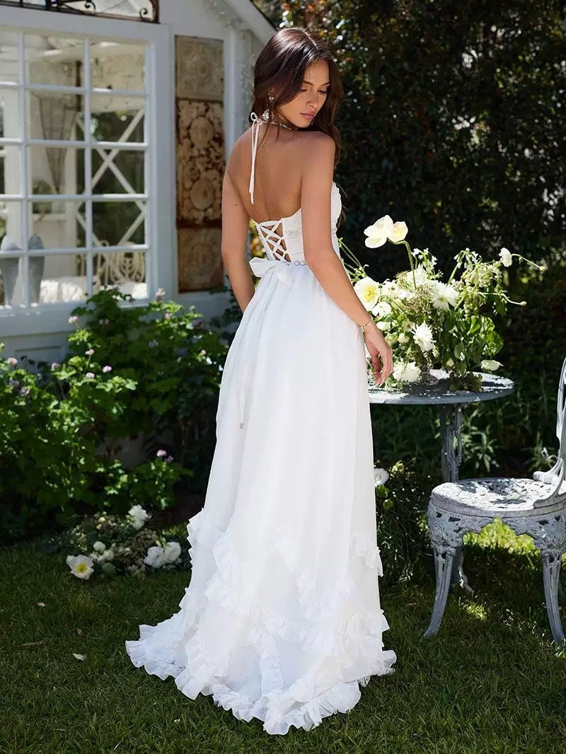 Women's French Romantic Strap Halter White Dress