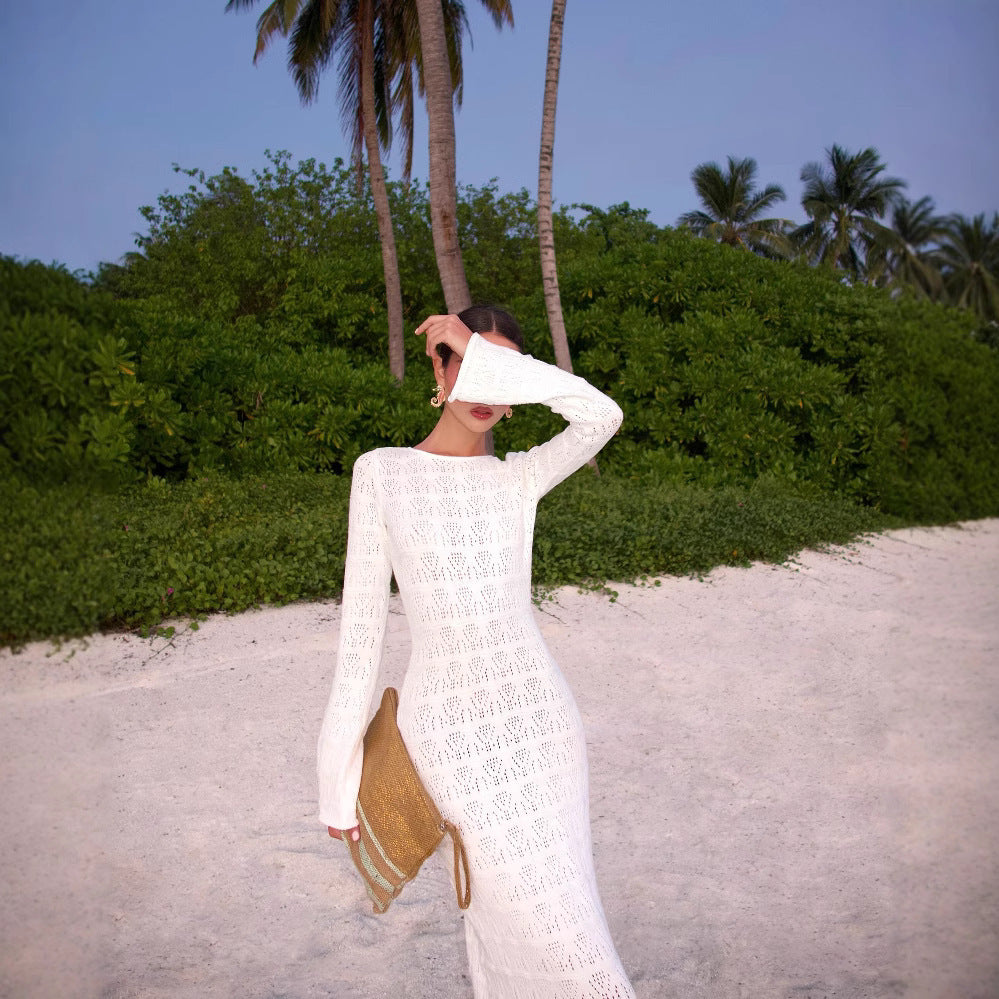 Round Neck Knitted Long Flared Sleeves Dress