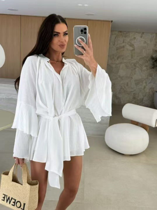 Women's V-neck Irregular Skirt With Ruffle Sleeves