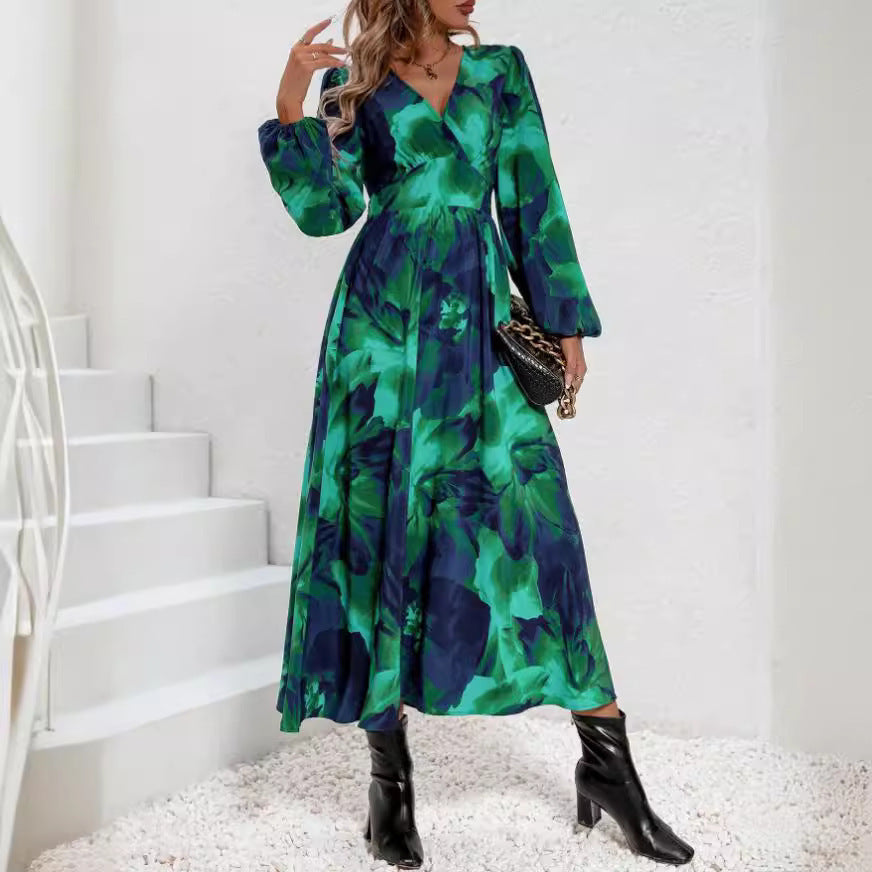 Women's SpringSummer Temperament Waist-controlled V-neck Print Dress
