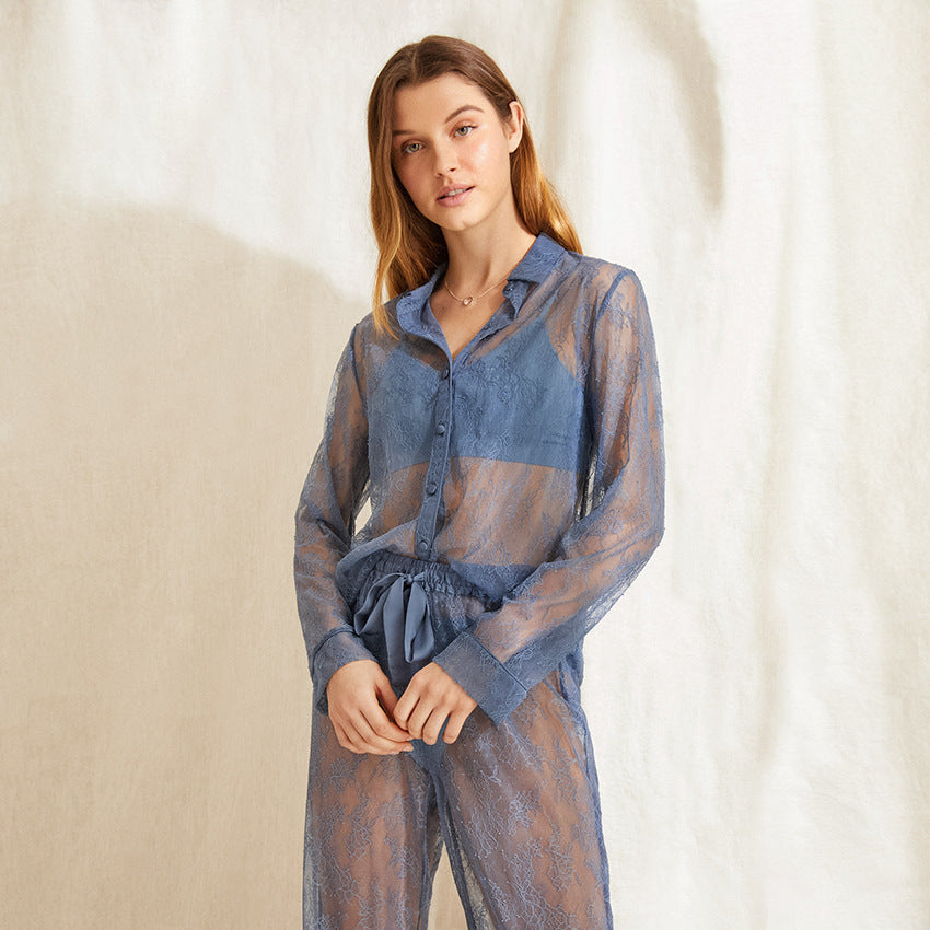 European And American Lace See-through Dress Long-sleeved Lapel Sexy Sexy Net Gauze Pajamas Women
