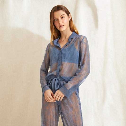 European And American Lace See-through Dress Long-sleeved Lapel Sexy Sexy Net Gauze Pajamas Women