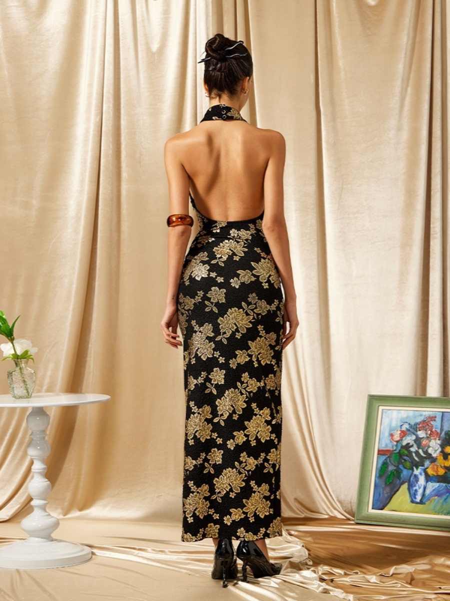 New Chinese Cheongsam Gilded Evening Gown Halter Dress