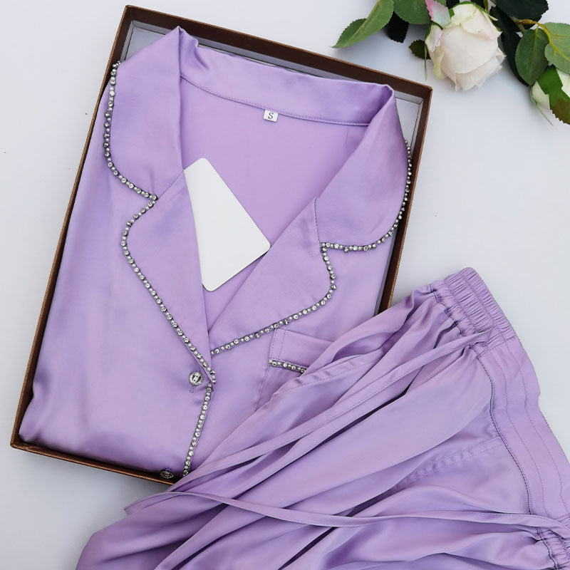 Silk Satin Pearl With Diamonds And Rhinestones Home Service Two-piece Pajamas Women