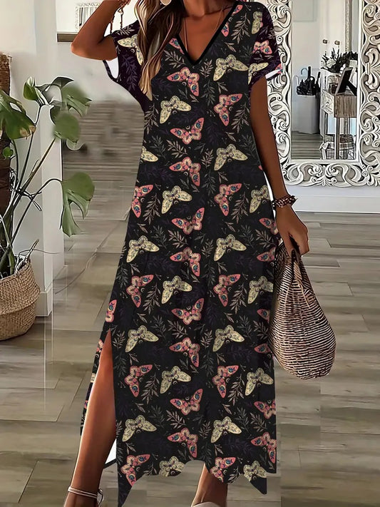 Elegant Floral Print V-Neck Dress For Women