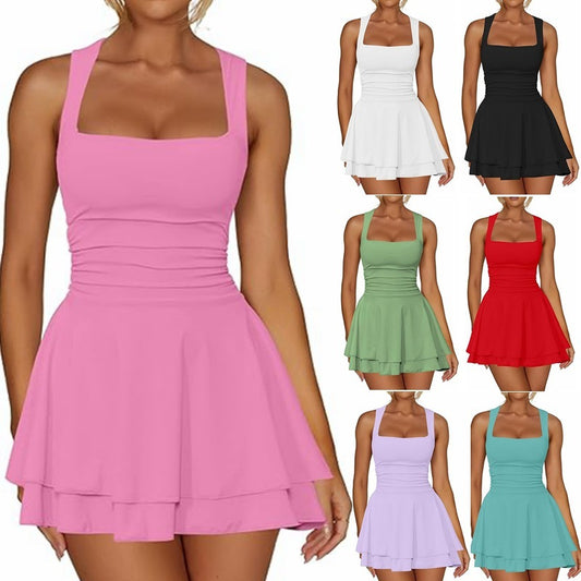 Women's Square Collar Waist Pleated Hem Mini Short Dress