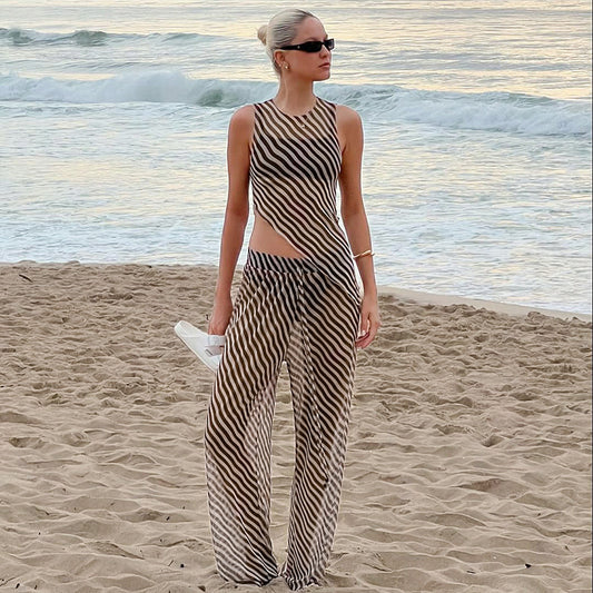 Women's Sleeveless Diagonal Stripes See-through Irregular Top Suit