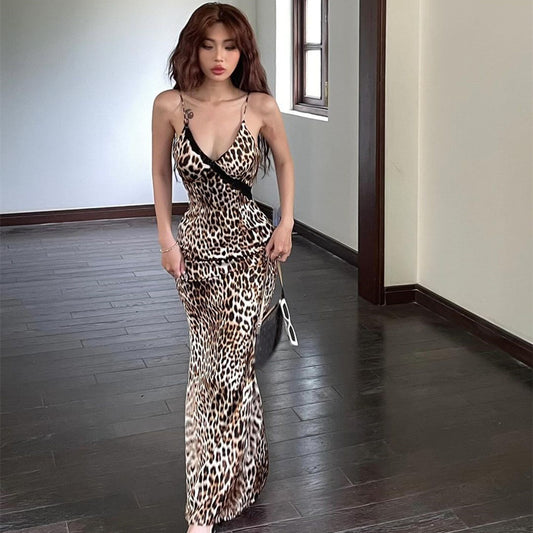 New Fashion European And American Style Vintage Leopard Print Sling Dress Women