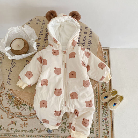 Fleece-lined Warm Bear Printed Hooded Long Climbing Cotton Jumpsuit