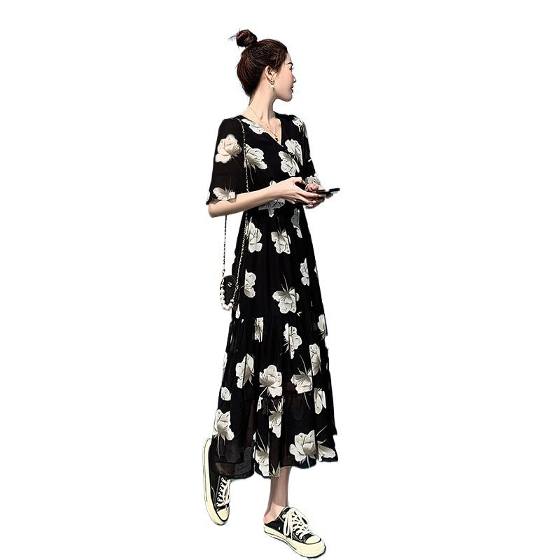 Slimming Flared Sleeves Holiday Floral Dress Women