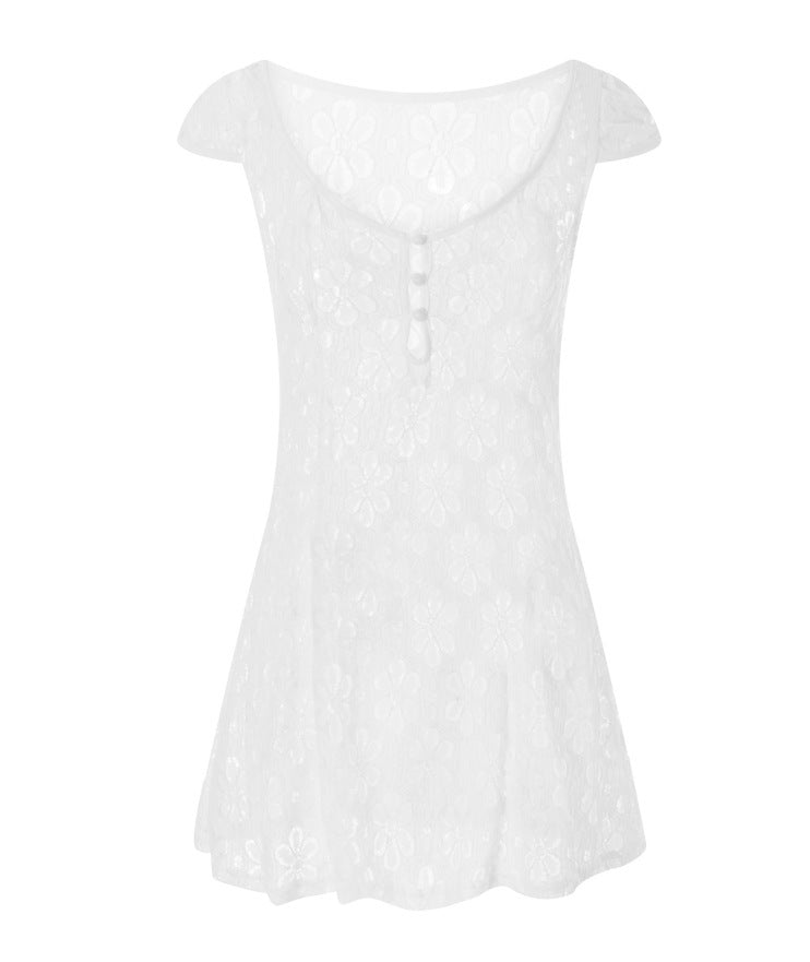 V-neck Short Sleeve Hollow-out Short Dress