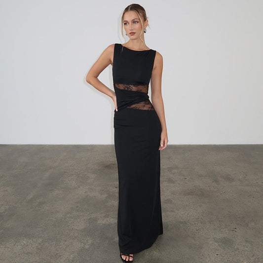 Women's Solid Color Translucent Hollow Lace Twisted Belt Dress