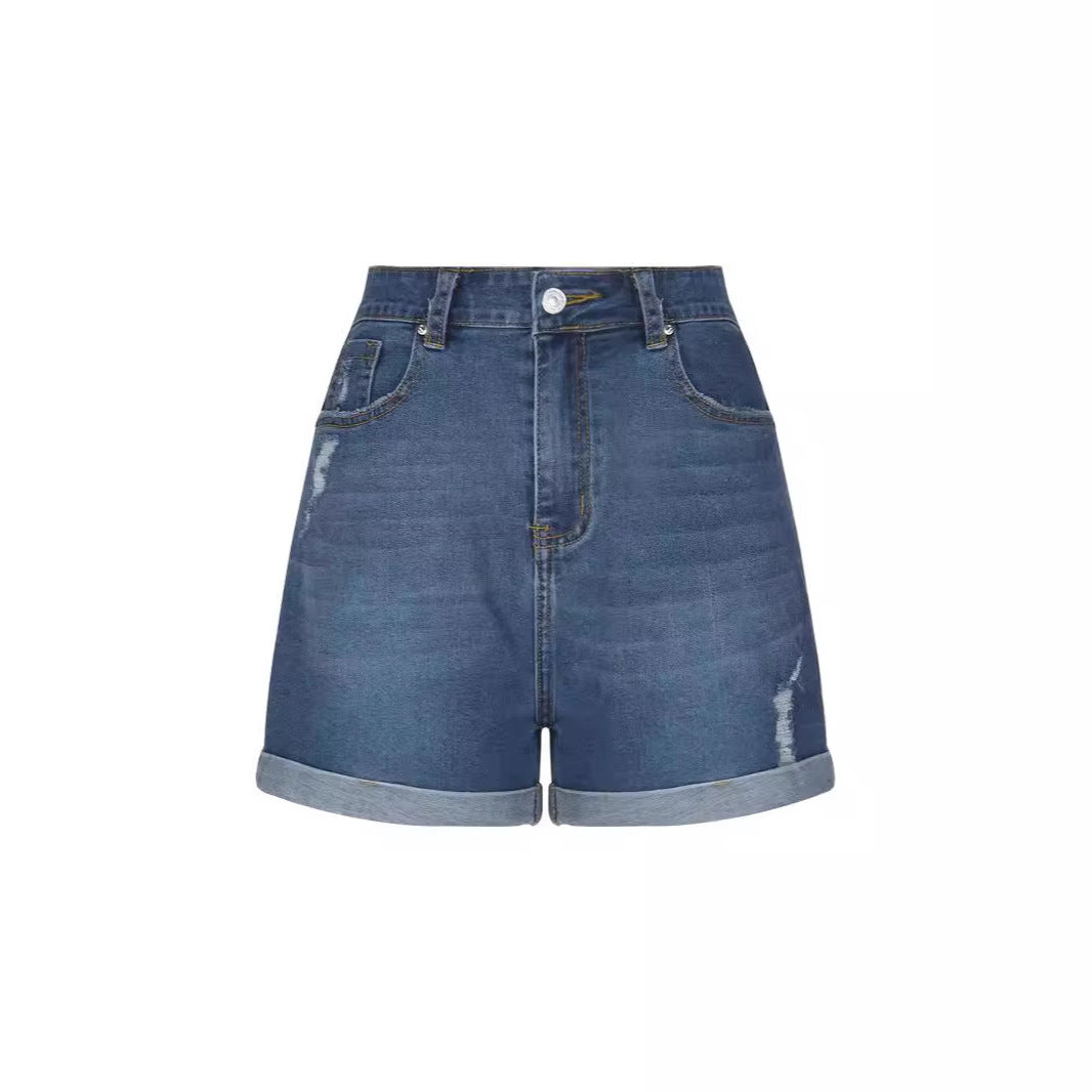 Straight Slim-fit Worn-out Curling Denim Shorts