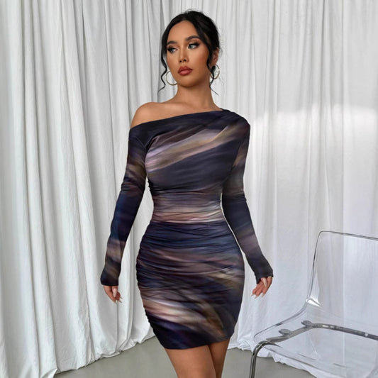 Pleated Slim Fit Long Sleeve Narrow Diagonal Collar Dress Women's Clothing
