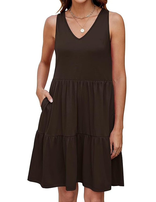 Casual V-neck Layered Pleated Sleeveless Vest Dress