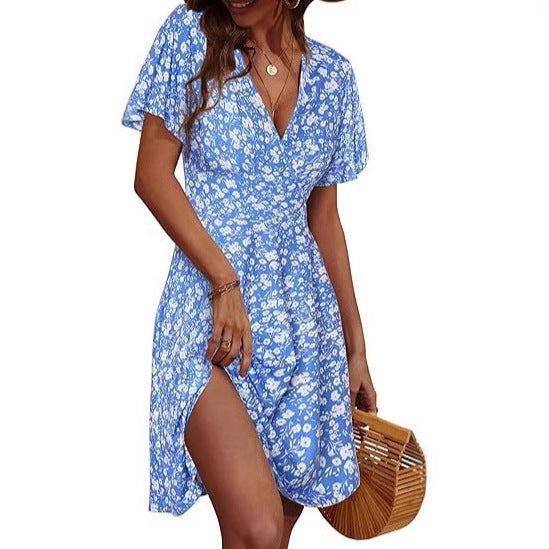 V-neck A Line Mid-length Dress Printing