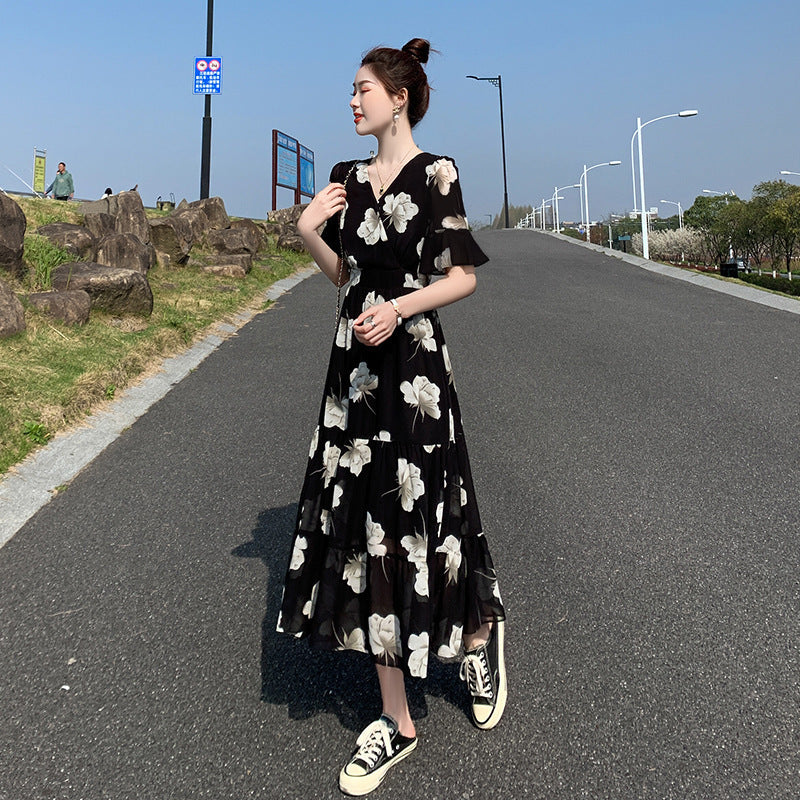 Slimming Flared Sleeves Holiday Floral Dress Women