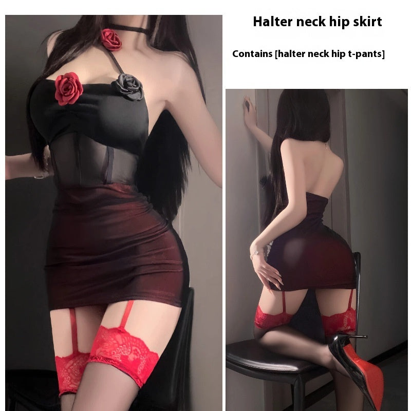 Sexy Lingerie Sexy Tube Top Pure Desire Mesh Contrast Color Flower Sheath Dress